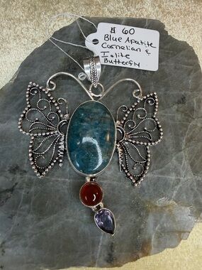Artisan Crafted Blue Apatite, Carnelian, & Iolite Butterfly, Dragonfly pendant